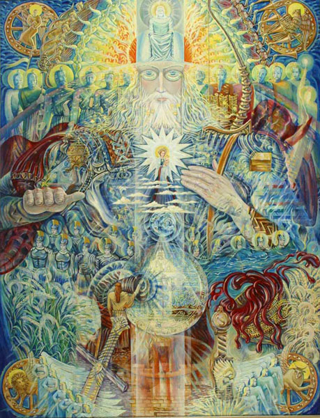 Radiant bearded sage surrounded by mystical symbols