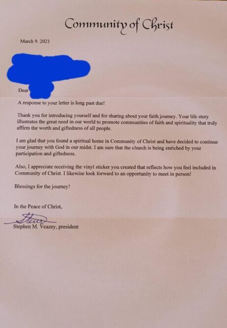 Community of Christ letter on patterned fabric