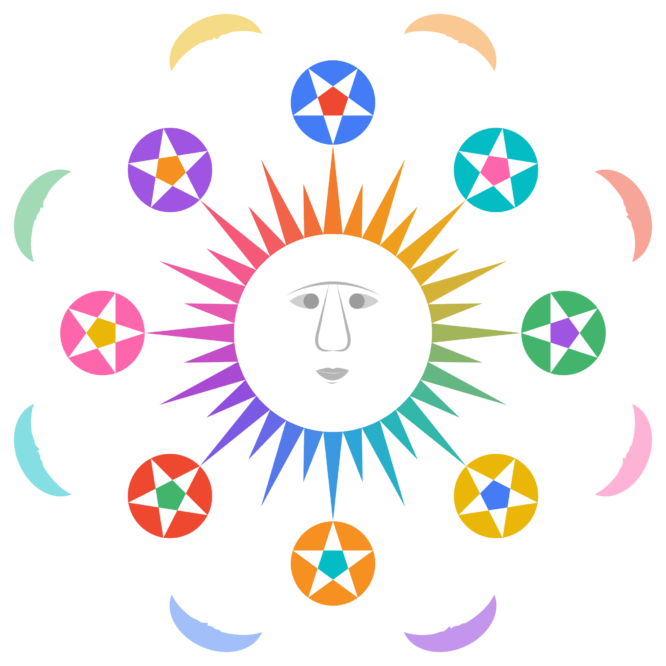 Colorful sun face with surrounding stars and moons
