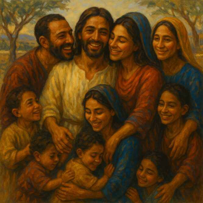 Warm painting of smiling family embracing outdoors